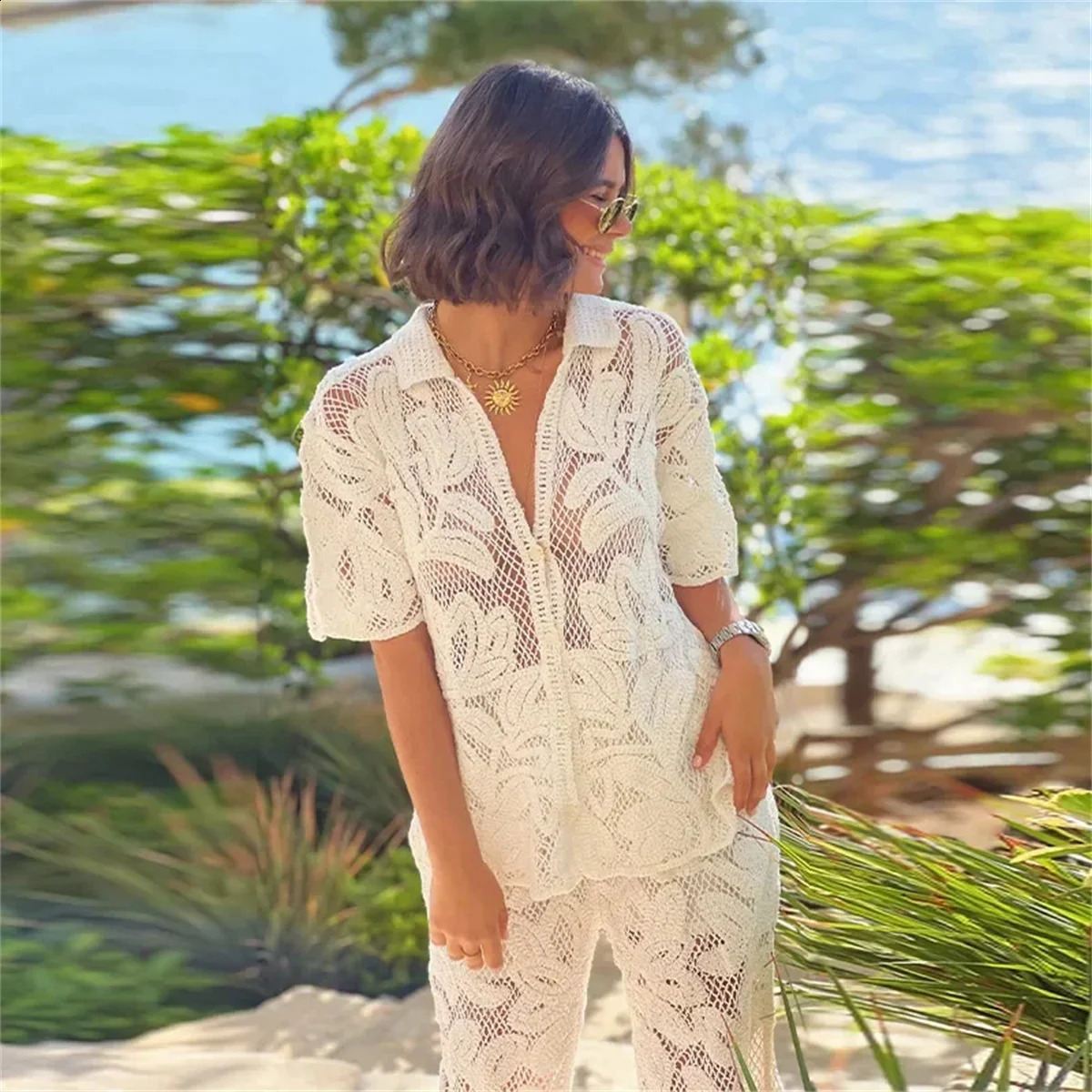 Womens Lapel Hollow-out Suit Short Sleeve Single Breasted Top Straight Leg Trousers Casual Sets Elegant Female Vacation 2PCS 250319