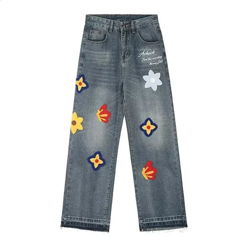 Autumn Y2K vintage floral embroidered jeans for men hiphop fashion bagged denim pants women streetwear blue straight 250319