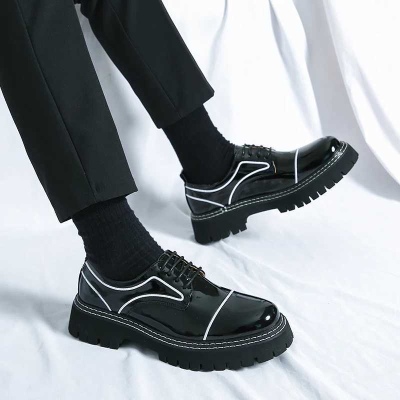 Mens black formal shoe tie shoelaces artificial patent thick soled leather business shoesXJ250319