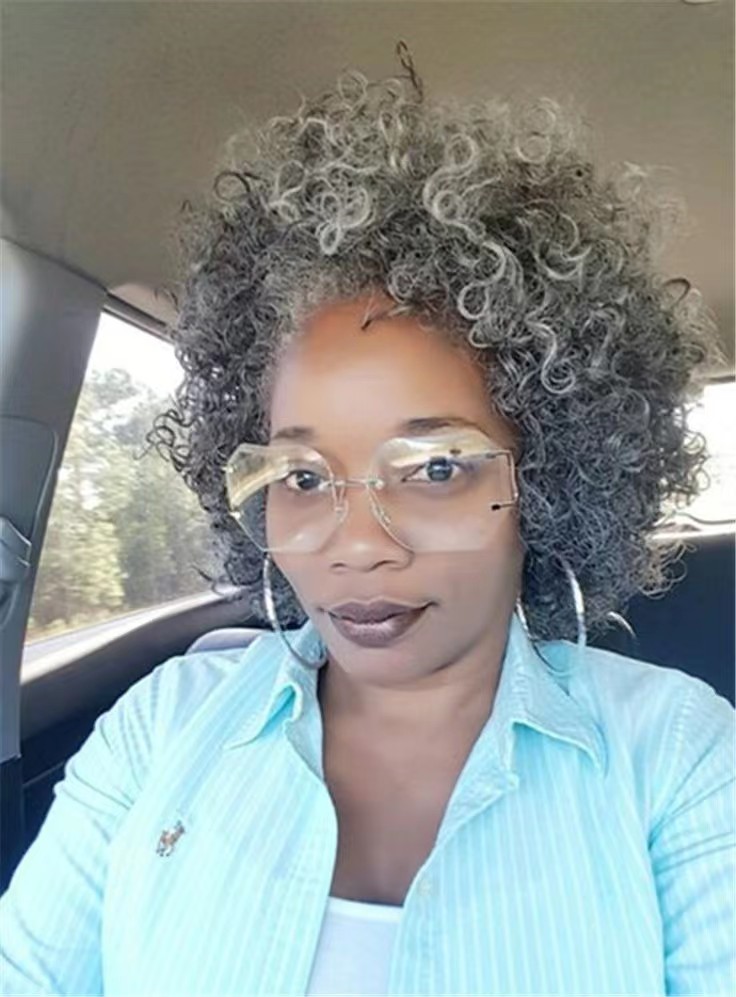 Best natural Gray curly Raw human Bob Wigs Short Silver Grey Afro Kinky Curly silver grey Wigs For Women 8Inch salt and pepper Top Machine Made Wig Gl