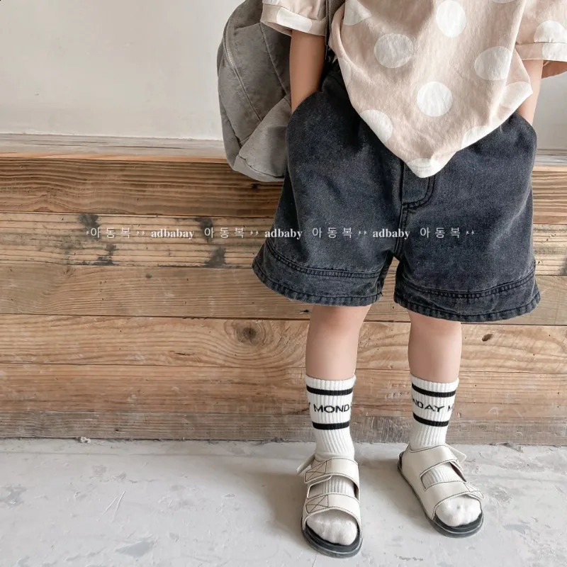 Korean Style Summer Children Denim Shorts Boys and Girls Black Blue Elastic Waist Loose Short Jeans Fashion Kids Pants A122231 250319