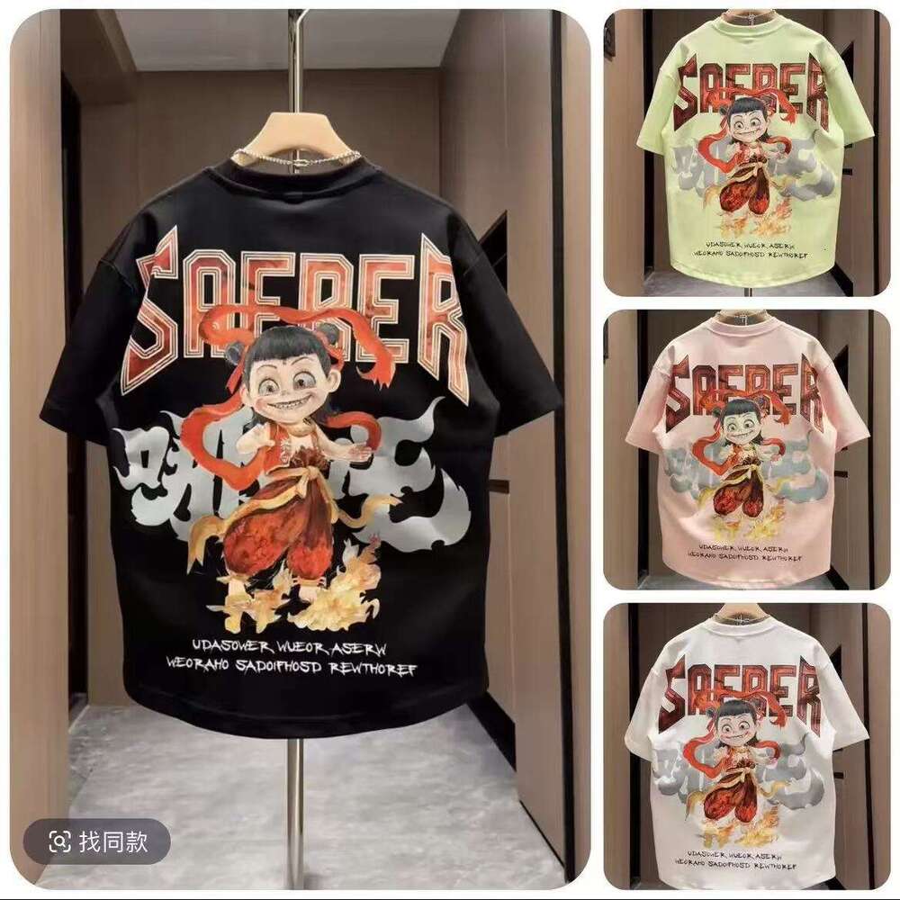 2025 Summer New Trendy Brand Nezha Printed Color Painting Rascal Handsome Casual Men's Short sleeved T-shirt Couple Top Primer