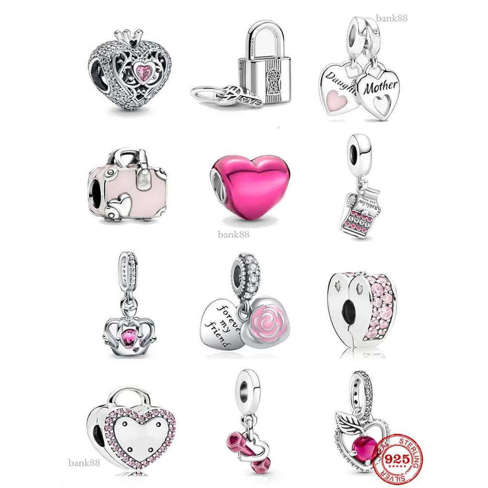 New 925 Sterling Silver Family Mom Daughter Charm Pink Crown Pendant Love Clip Beads for Original Bracelet DIY Jewelry