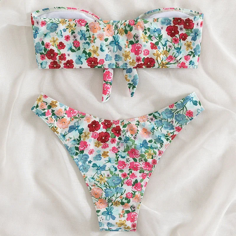 Floral print Bandeau bikini set shoulder push swimsuit womens top bikini knot swimsuit sexy summer swimsuit 250314