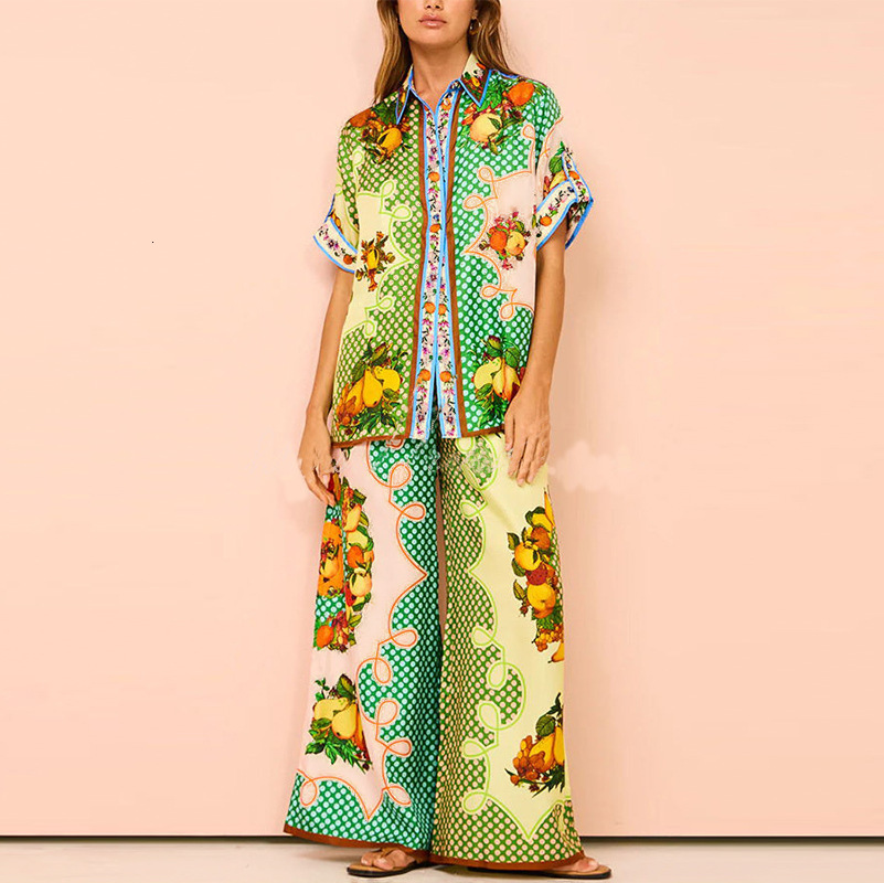 2025 style commuting printed color blocked short sleeved shirt, wide leg pants, spring women's suit