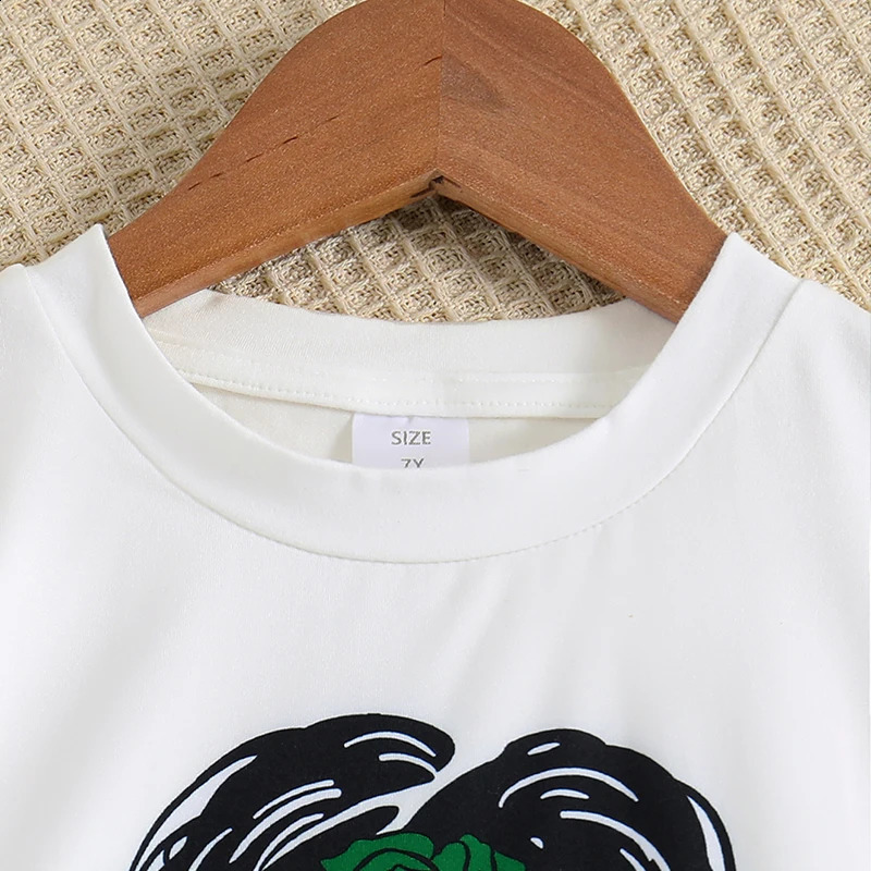 2pcs Girl Fashion Minimalist Cartoon Print Breathable round Neck Knit Top Summer Thin Wide Leg Pants Set 250319