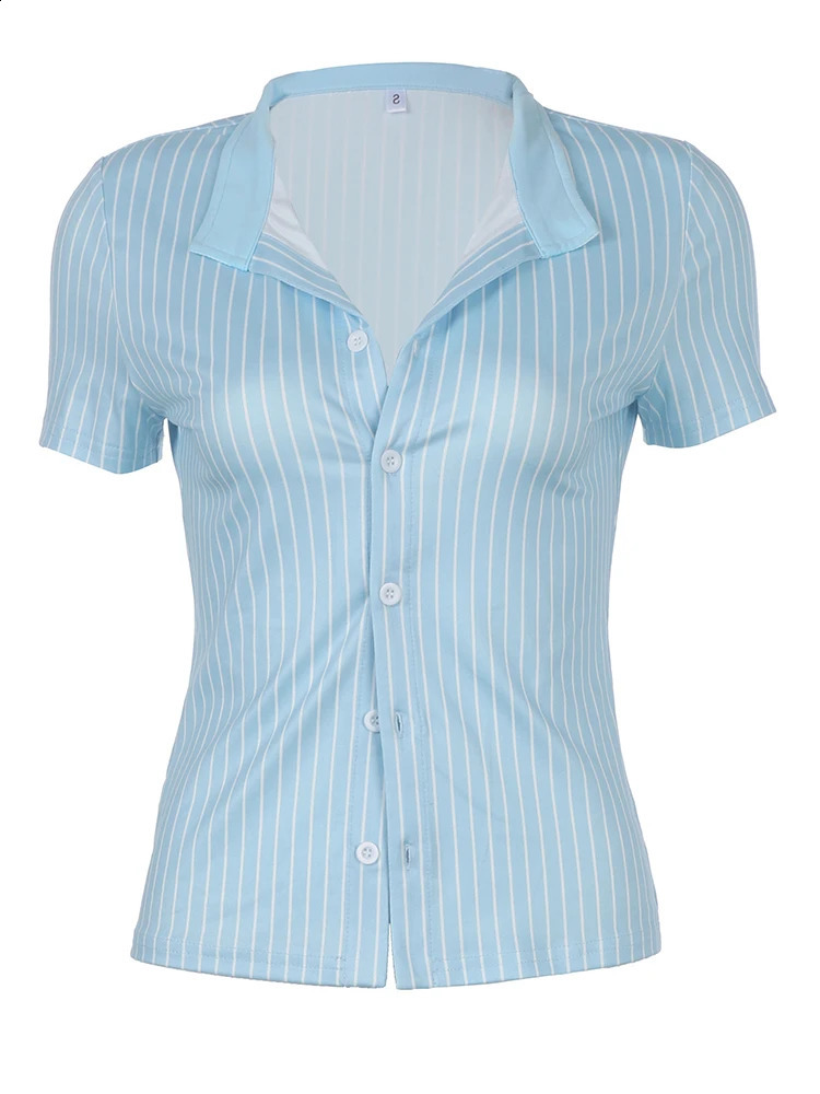 Sweetown Blue Stripe Short Sleeve Shirts For Women Button Up Turn Down Collar Slim Simple Casual Preppy Tops Basic Summer Tees 250319