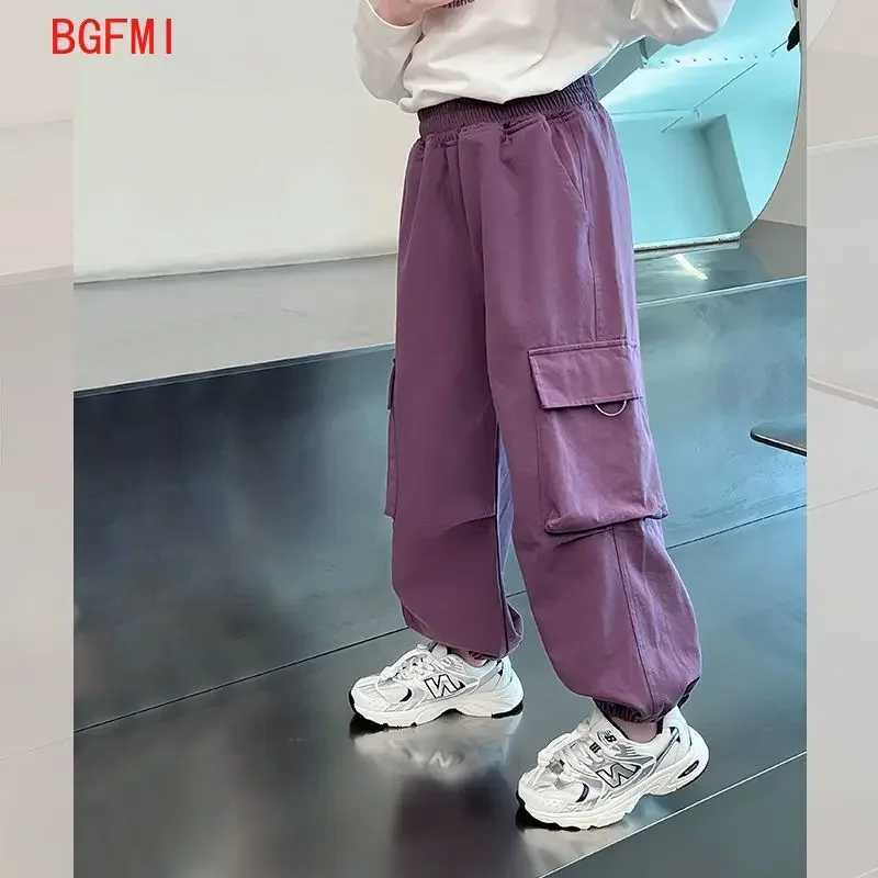 Girls purple casual pants big childrens clothing Korean black cargo pants girls 2025 spring fashion new cotton TrouthersT250318