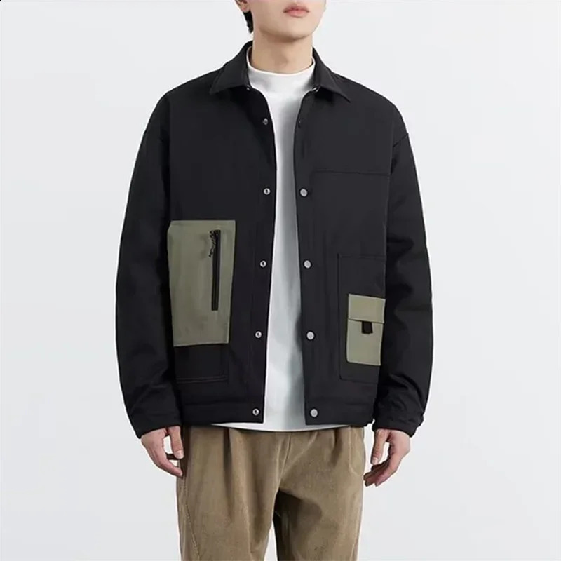 Mens colorful lock pocket button bomber jacket autumn American retro baseball uniform black loose top mens lapel Frock 250317