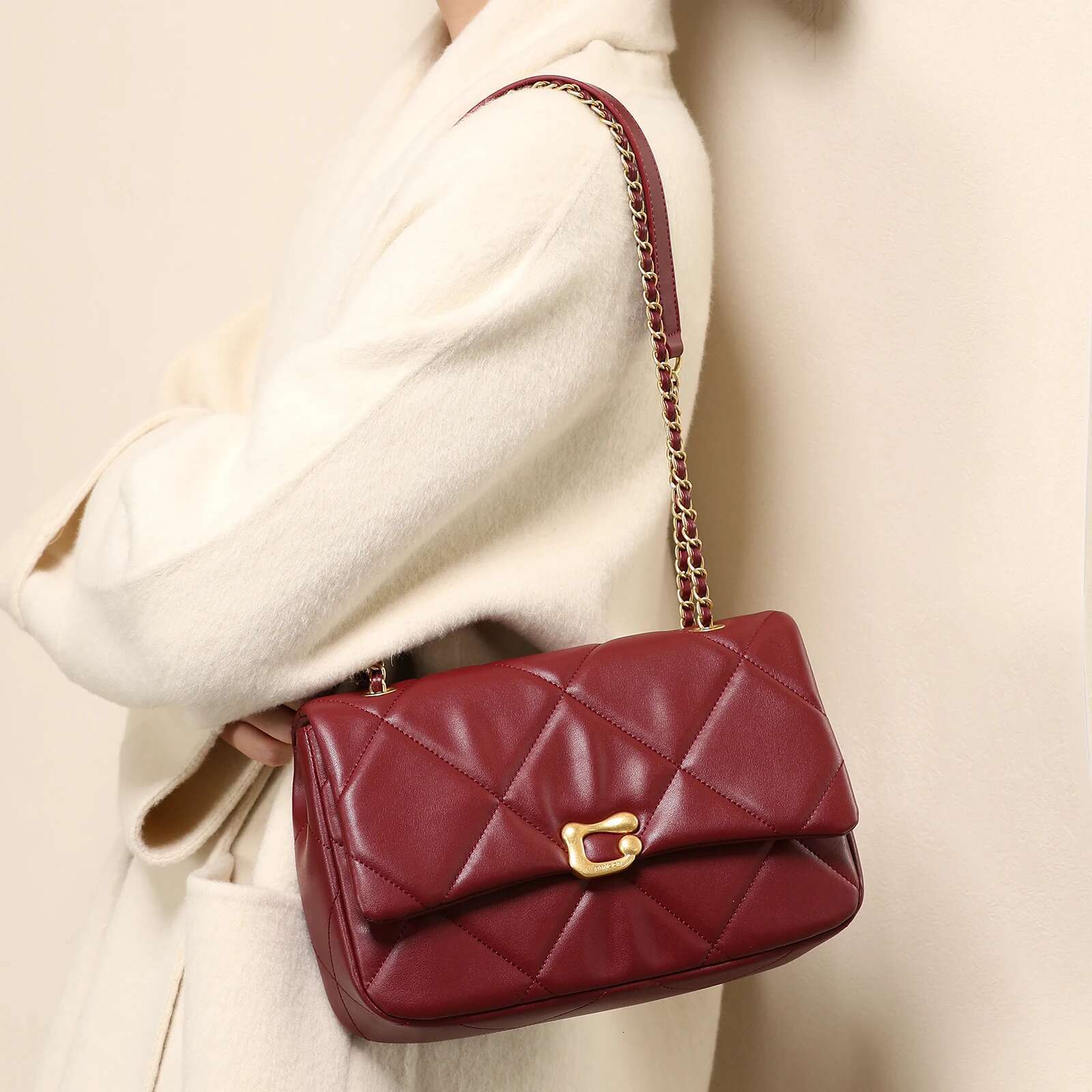 ITAMOOD Genuine Leather Urious Chain Small Square Quilted Original Design Women's Shoulder Bag Fashionable Handbag