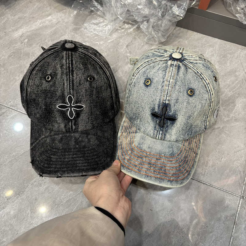 Ball Caps Versatile Cross Flower Embroidery Soft Top Denim Slimming Baseball Hat for Women in Spring and Summer Sun Visor with Visible Thread Couple D