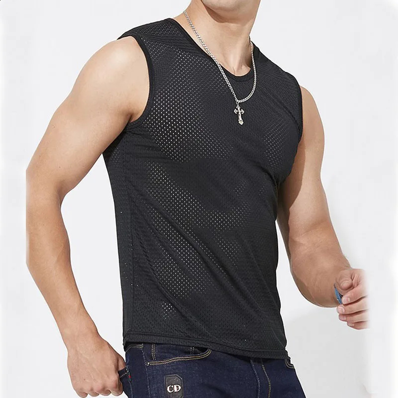 Mens Ice Silk Mesh Tank Tops Gym Stringer Transparent Bodybuilding Sleeveless Shirt Fitness Vest Male mesh Muscle Singlets 250319