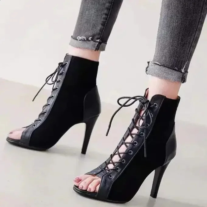 Sandals Hollowed Mesh Heels Belt Buckle Womens Summer Beige Lace-up Sexy Open Toe Boots Stiletto Jazz Dance Party Ladies Shoes 250317