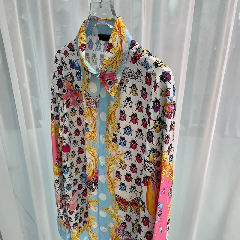 Spring and summer mens casual fashion seven star ladybug print trendy long sleeved floral loose top 250317
