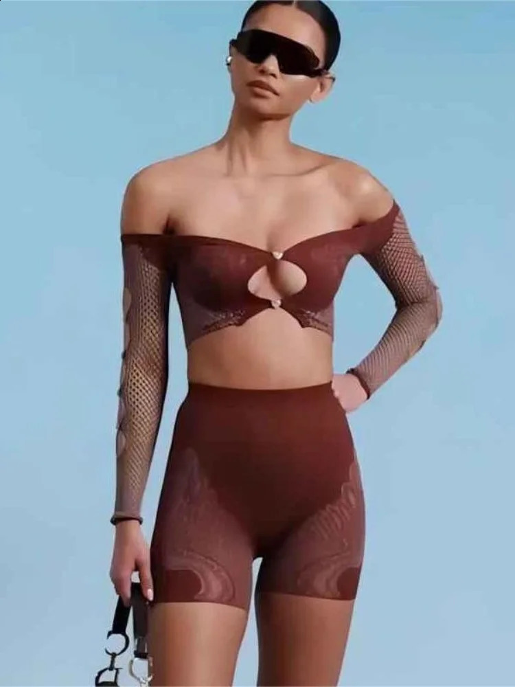 kliou Mesh Patchwork 2 Piece Set Sexy Summer Thin Off SHoulder Full Sleeve Hollow TopElastic Matching Shorts Sheer Clubwear 250319