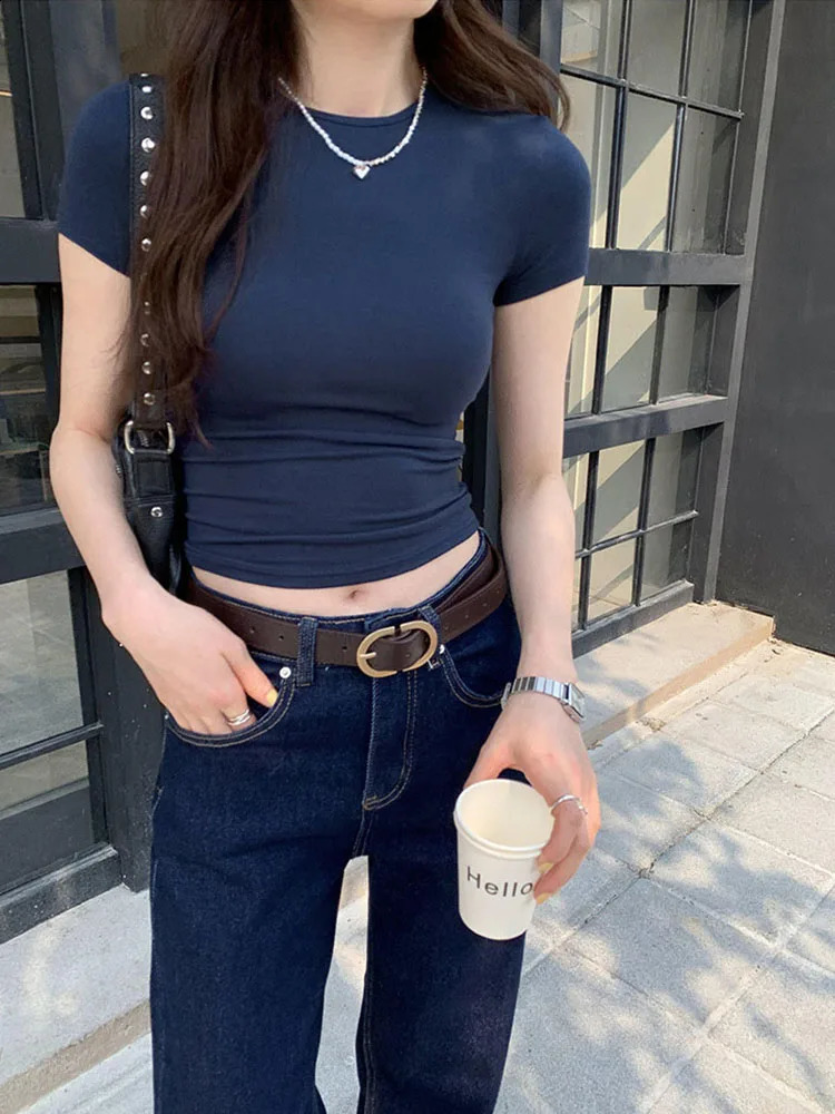 Basic Solid Crop Top Short Sleeve Crewneck Skinny T-shirt Summer Casual Tee for Women y2k Vintage Top Harajuku Streetwear 250319