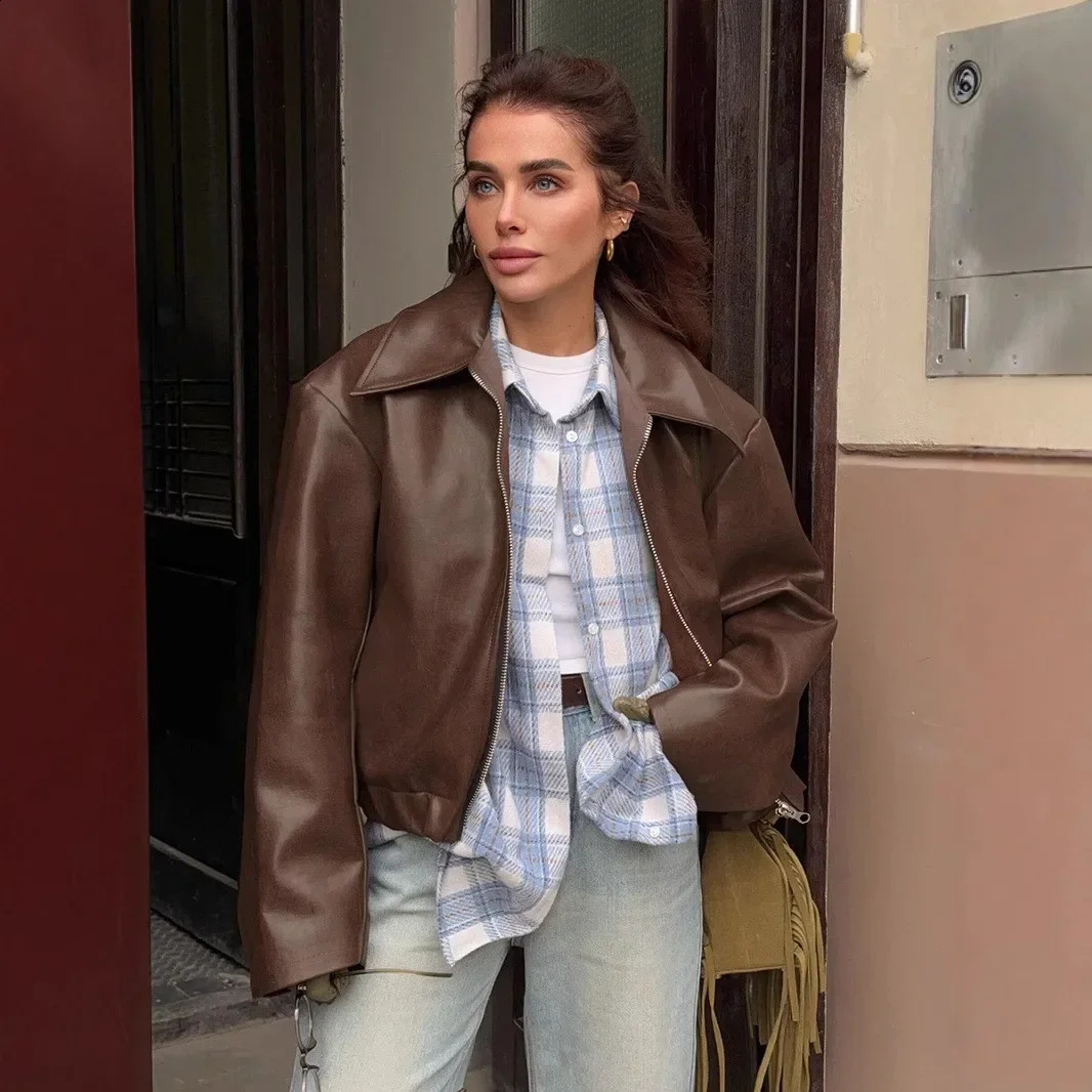 Yaminiya Spring Summer Women Jackets Fashion Lapel Zipper Long Sleeve Female Coats Lady Street Outwear Burgundy Leather 2024 250319