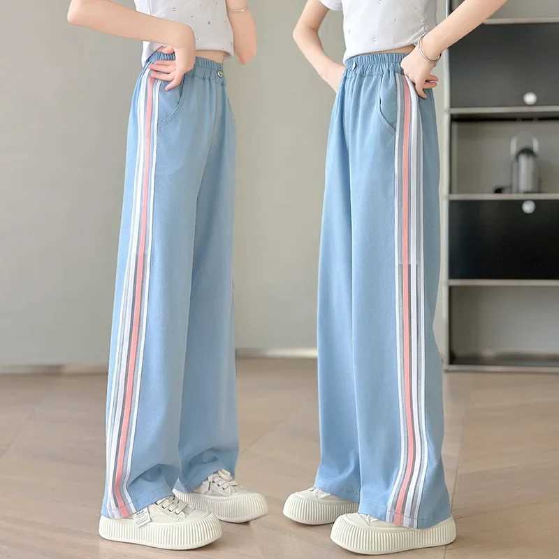 Summer Ice Silk Cotton Jeans Girls Soft High Waist Wide Leg Pants Kids Thin Loose Casual Trousers Ankle Length Cool Denim PantsT250318