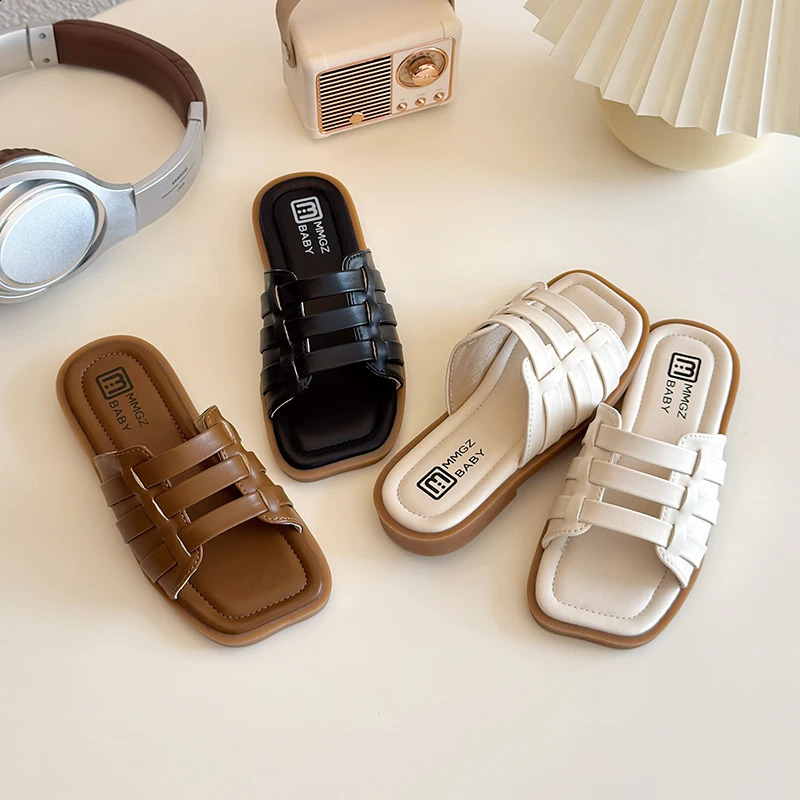 Childrens slider woven hollow square toe PU leather childrens slider solid color fashion slider casual summer girls sandals 250318
