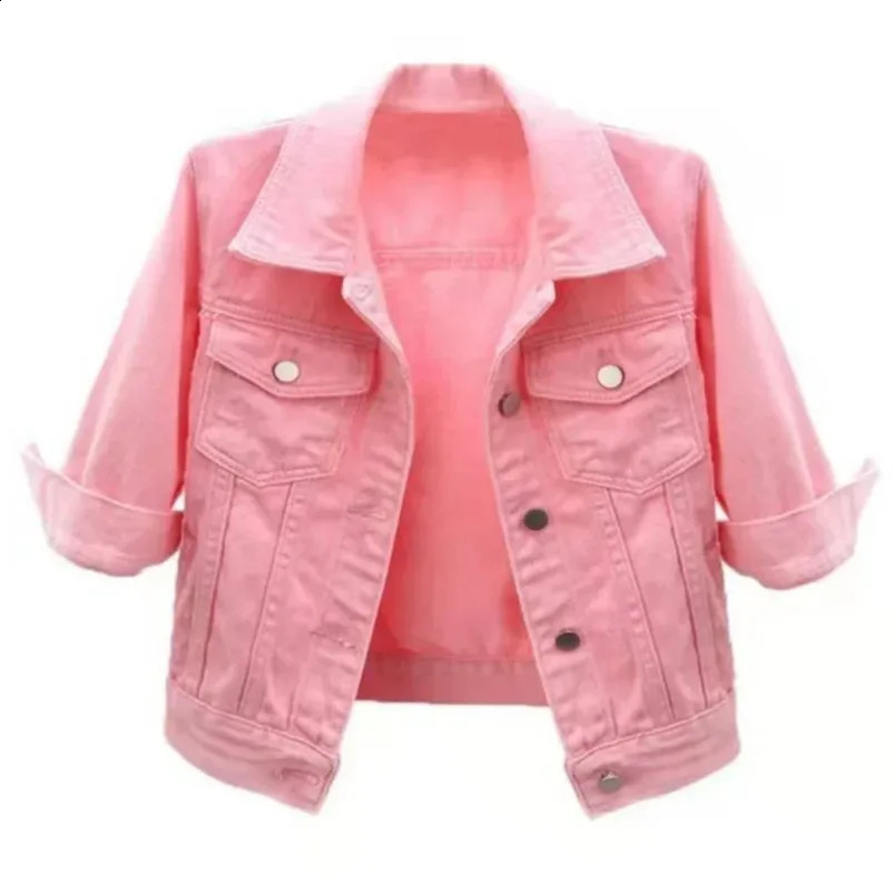 Womens Spring Autumn Denim Jacket Tops Pink Color Solid Short Multicolor Feminino Three Quarter Sleeve Jean Size DURIKIES 250319