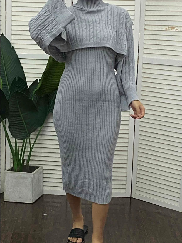 Womens Sweater Set Autumn/Winter Style Solid Turtle Neck Ribbed Sweater and Knitted Belt Dress Set Matching Set 250318