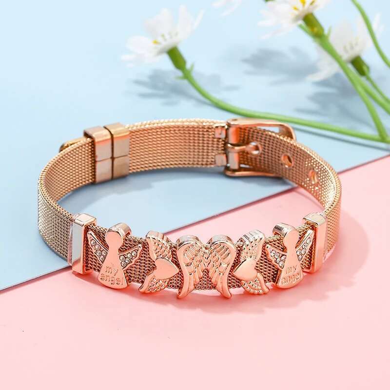 10mm Feather Fairy Beads Charm Bracelets DIY Stainless Steel Mesh Belt Bracelet Pulseras Mujer For Women Men Boy Jewelry Gift