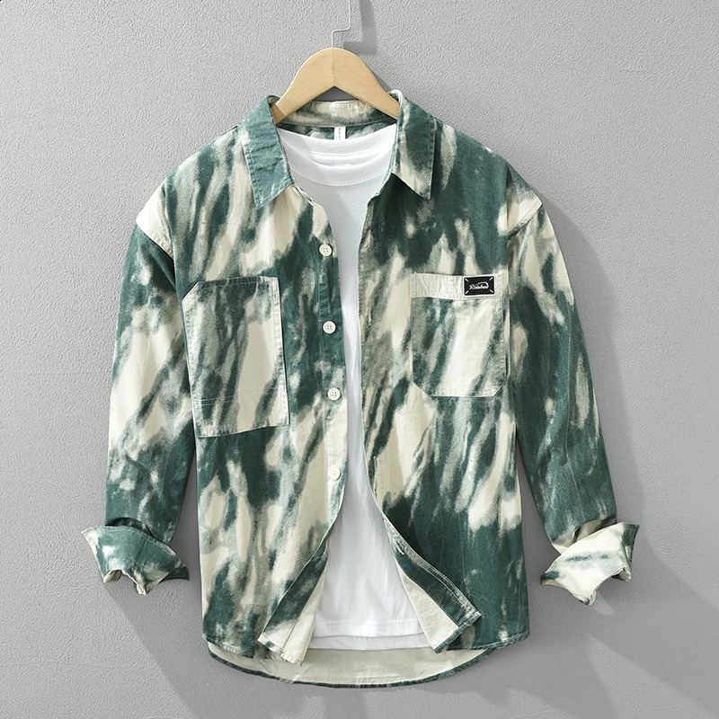 Fashion Tie-dye Print Shirt for Men Pure Cotton Long Sleeve Shirts Clothing Men Dress Shirt 250317