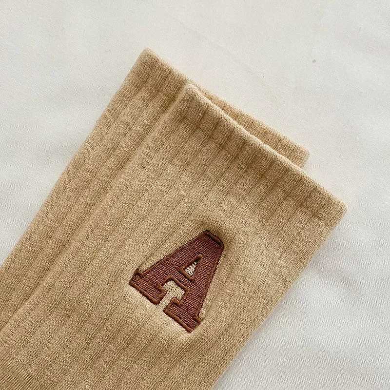 Womens Cotton Socks White Socks Embroidered with Letter A Solid Color Sports Socks Cotton Autumn and Winter X250319