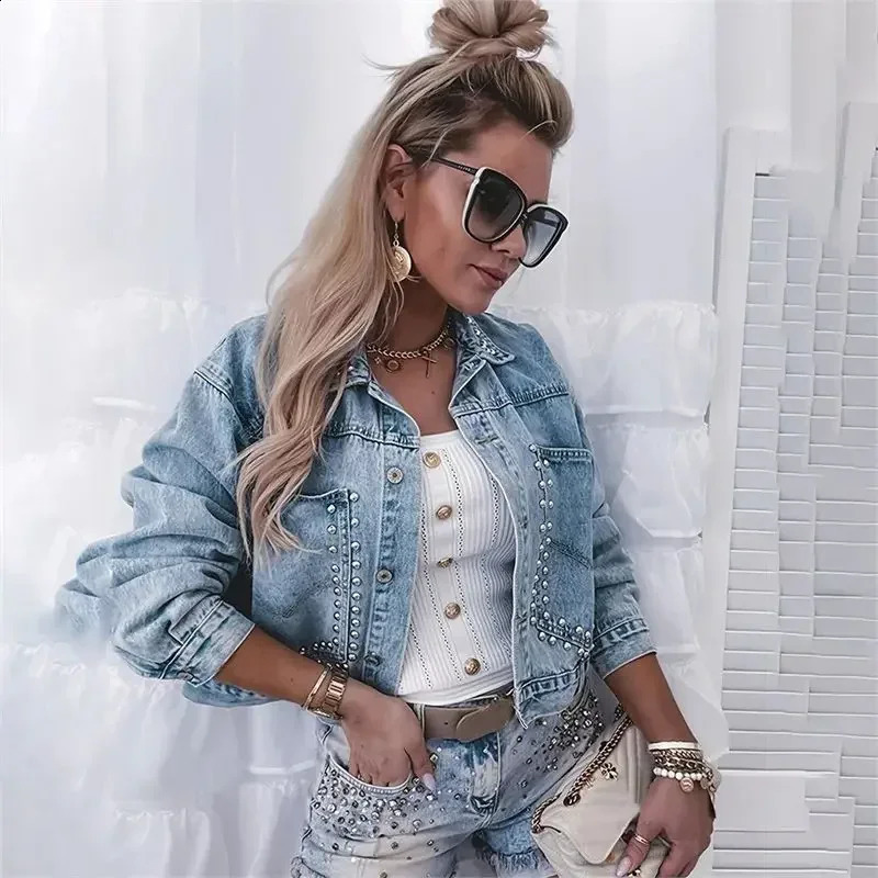 Fashion rivet decoration short jacket womens large pocket splicing work casual single breasted open top denim 250319