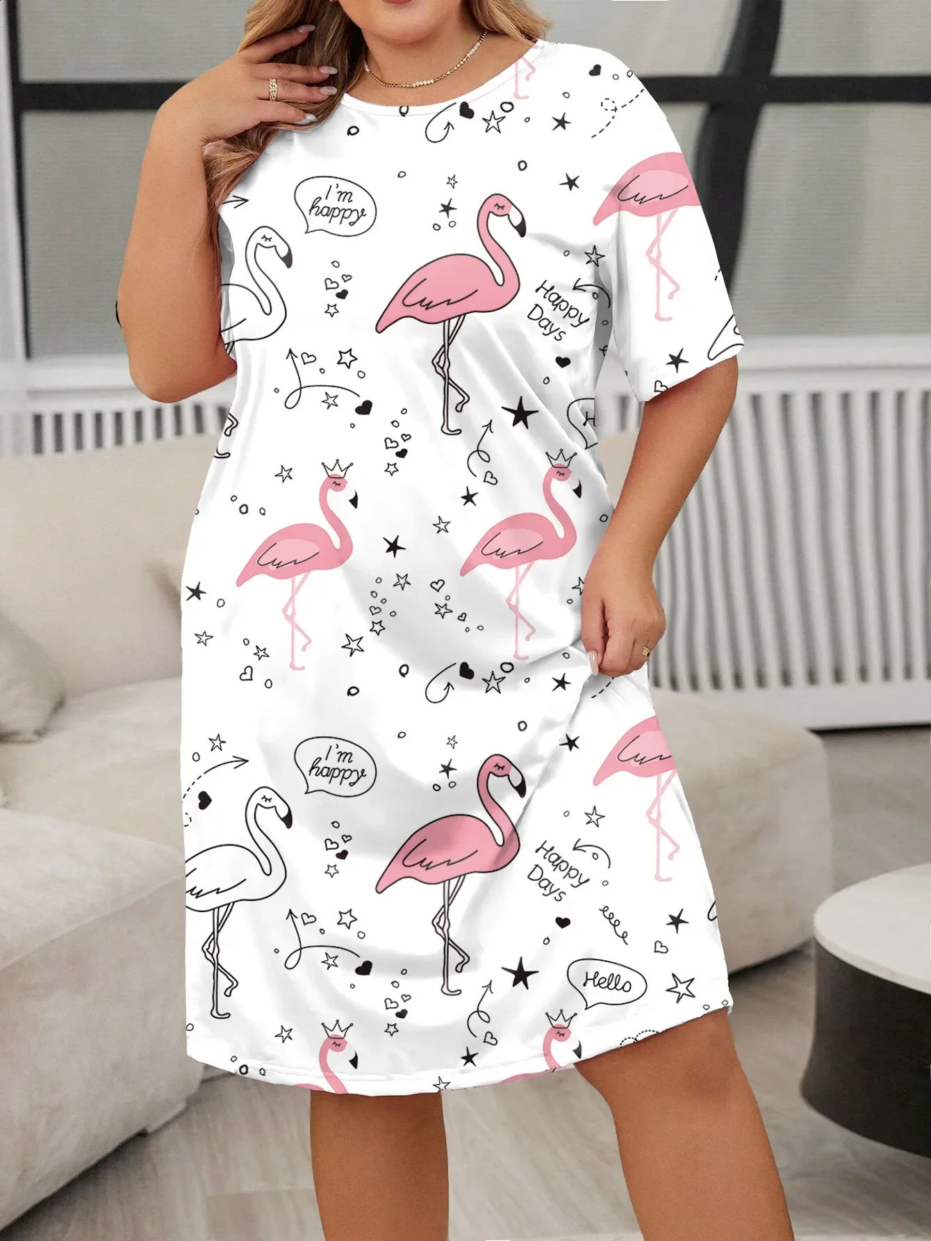 Plus size womens 1X5XL springsummer short sleeved butterfly heartshaped leopard print large and round neck dress 250319