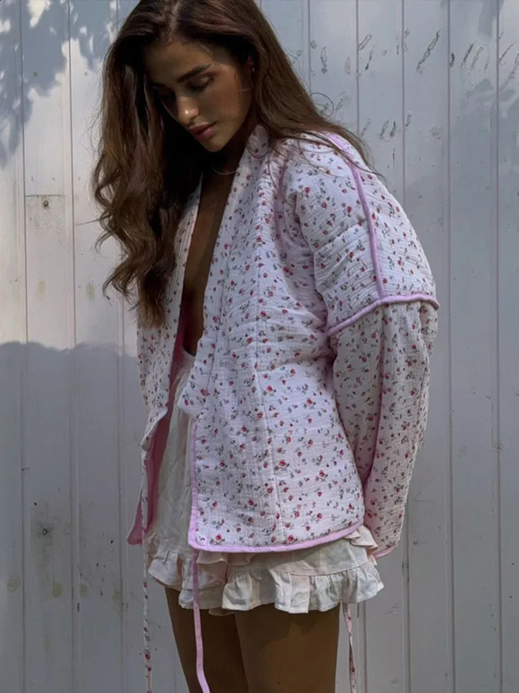 Casual Printed Womens Thick Coat Loose Lace Full Sleeve Quilted Jacket 2025 Early Spring Warm 250319