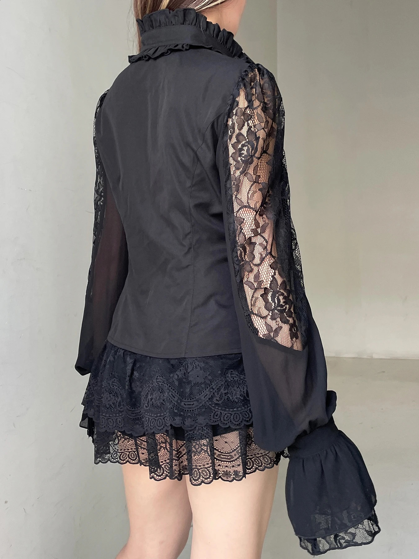 IAMSURE retro dark patch work lace shirt Gothic See Through Turtleneck long sleeved womens springsummer streetwear 250318