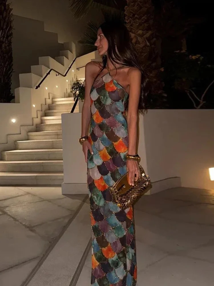 Fashion Sleeveless Bodycon Printed Robe Vintage Women Contrast Color Halter Long Dress 2025 Chic Spring Lady Party Beach Dresses 250319