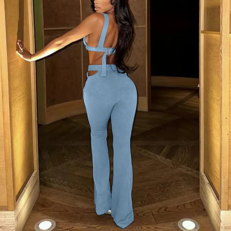 CM.YAYA Fashion Knit Womens Set Tank Top and Cutout Waist with Belt Wide Leg Flare Pants Two 2 Piece Set Outfits Tracksuit 250319