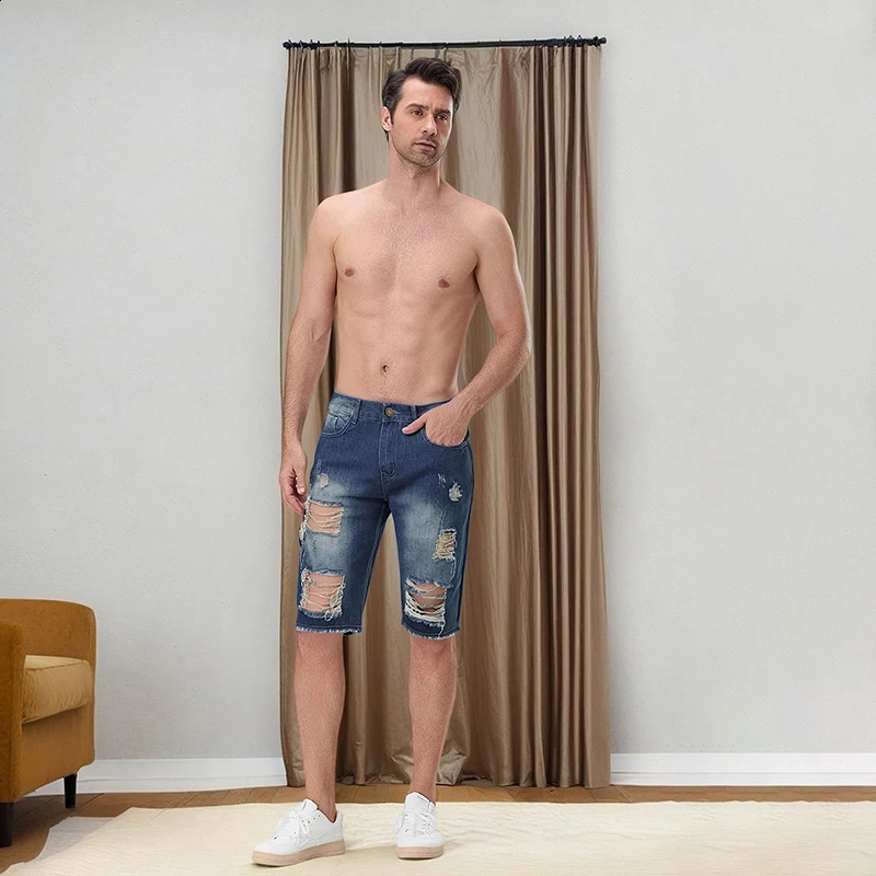 Mens Distressed Denim Shorts with Fashionable Zipper Flight Button Closed Pocket Casual Summer Street Clothing Fashion 250319