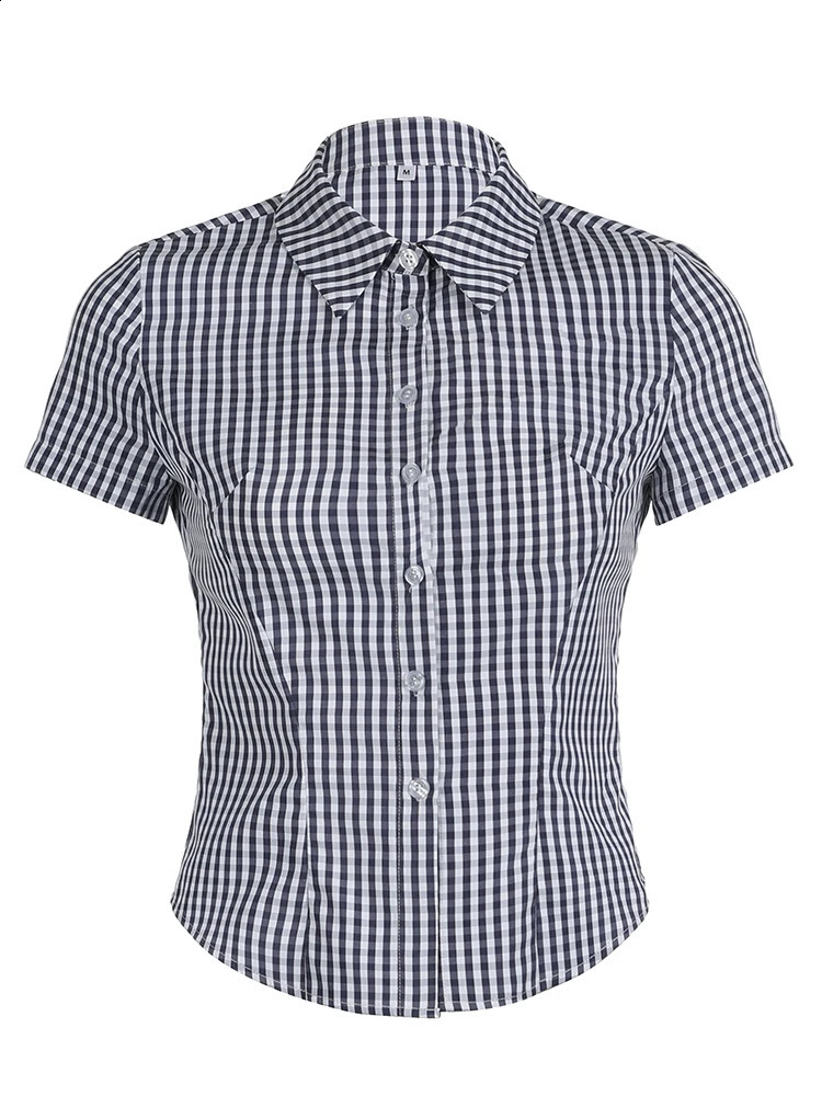 Sweetown American Retro Casual Short Sleeve Plaid Shirts For Women Button Up Turn Down Collar Summer Spring Preppy Tops 250319