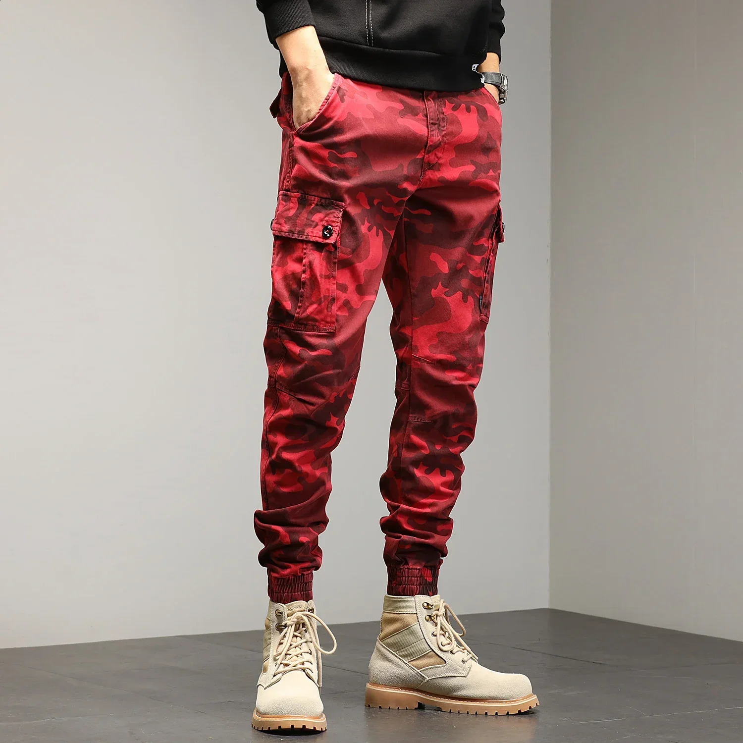 HIQOR Red Goods Mens Outdoor Cotton Camouflage Work Jogger Street Clothing Hiking Pants 250319