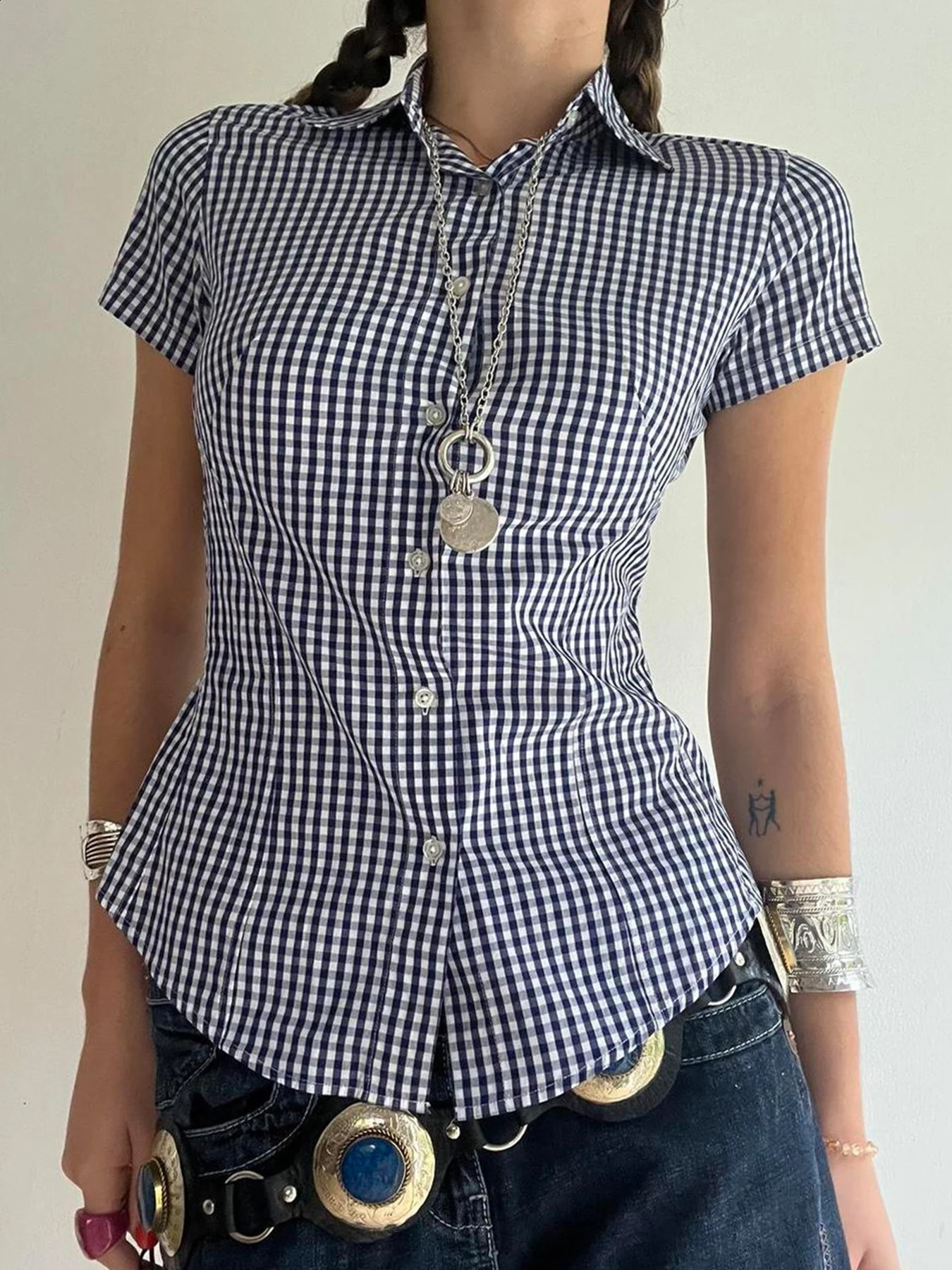 Sweetown American Retro Casual Short Sleeve Plaid Shirts For Women Button Up Turn Down Collar Summer Spring Preppy Tops 250319