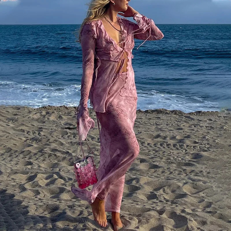 Y2K Beach Outfits Graphic Print 2 Piece Set Ruffles Mesh Front Tie Up T Shirts Crop Top Maxi Skirt Bodycon Women Fairy Grunge 250319