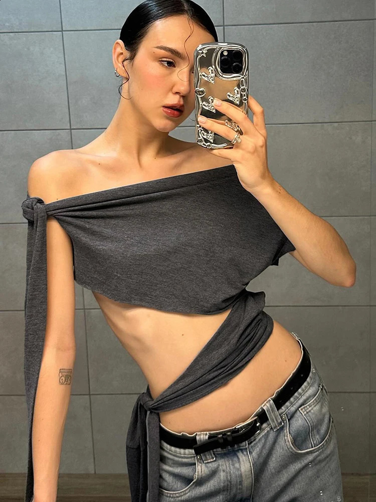 Weird Puss Hollow Bandage Tank Top Ribbon One Shoulder Solid Sexy Summer Trend Wild Midnight Club Skinny Irregular Vest 250319