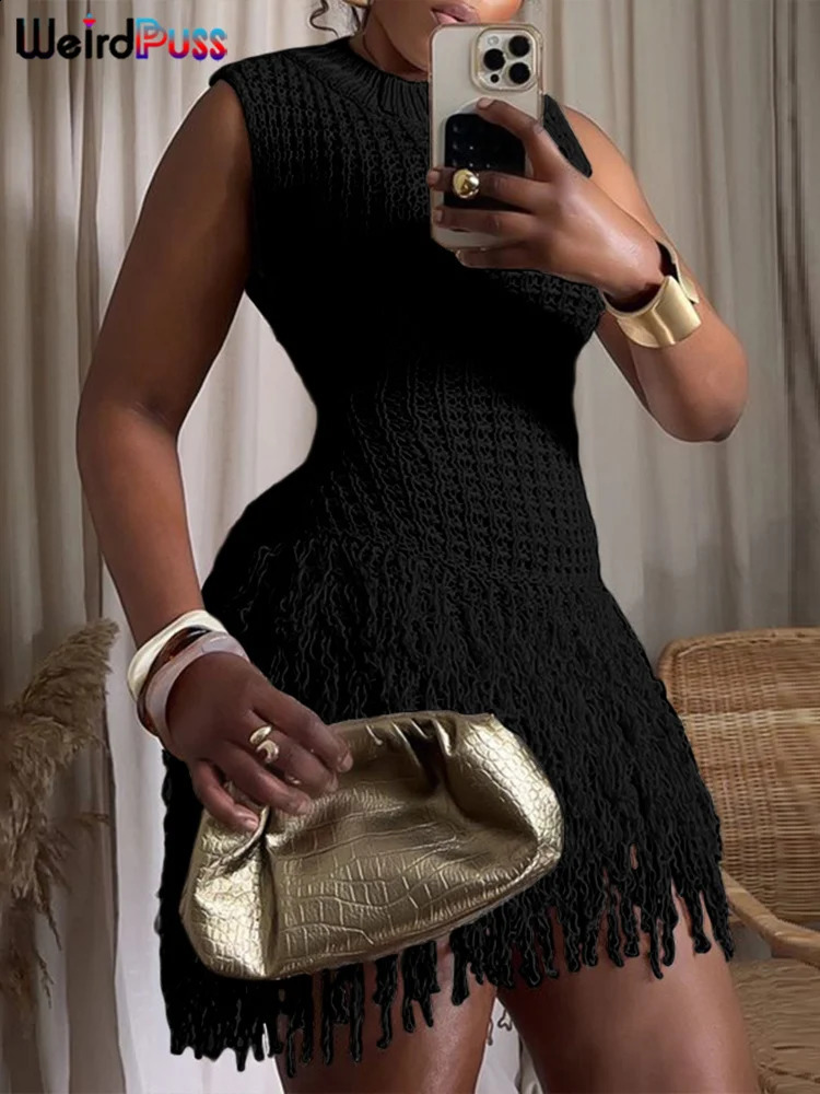 Weird Puss Chic Y2K Dress Women Sexy Crochet AutumnTrend Tassel Hem Sleeveless Stretch Fashion Beach Vacation Clubwear Bodycon 250319