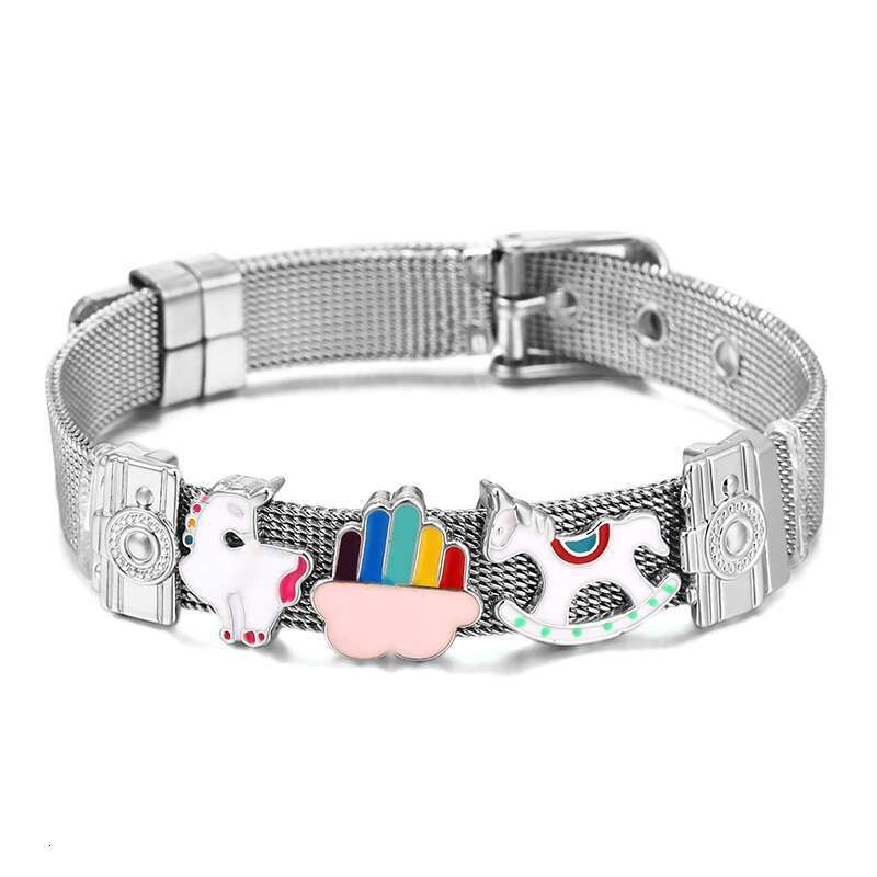 10mm Unicorn Rainbow Beads Charm Bracelets DIY Stainless Steel Mesh Belt Bracelet Pulseras Mujer For Women Men Jewelry Gift