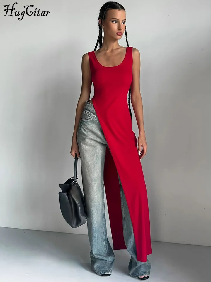Hugcitar Fashion Solid Square Collar Straps Backless Slit Sexy Bodycon Maxi Dress Summer Women Y2K Outfits Party Vacation 250319