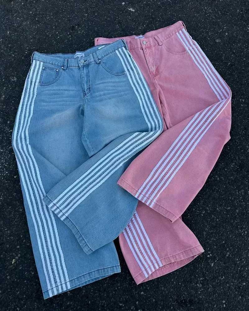 High Street retro striped embroidered high waisted jeans mens casual pants Harajuku hip-hop street bag wide leg jeansT250319