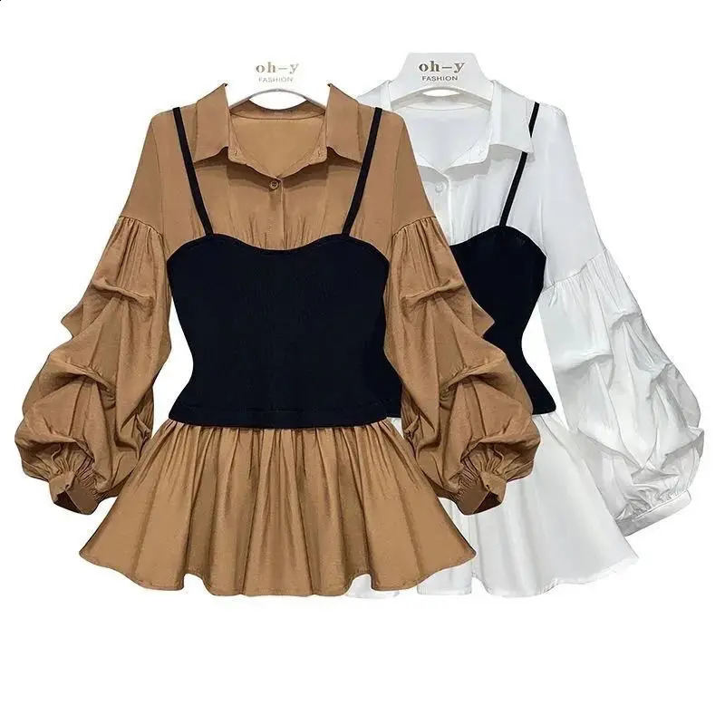 Spring Elegant Patchwork Waist Slimming Lantern Sleeve Splicing Twopiece Shirt Blouse OL Lapel Allmatch Top 250319