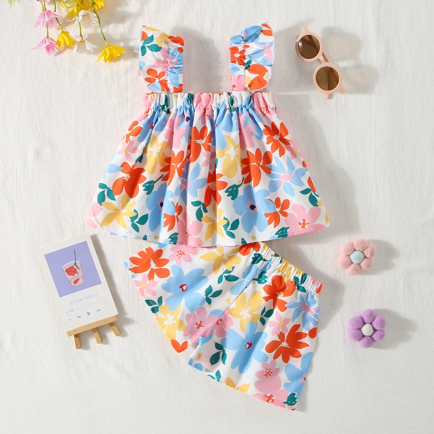 2 Pieces Set Summer Baby Girl Clothes Colorful Flower Printed Top with Shorts Korean Outfit 250319