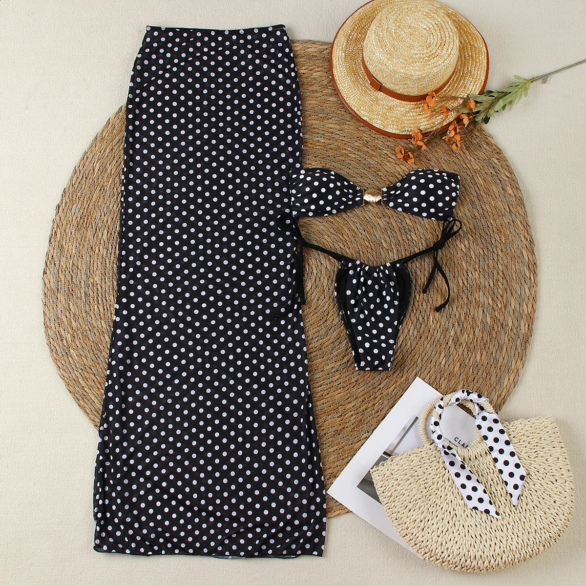 Bandeau Dot 3 Pieces Sexy Bikini With Long Skirt Women Swimsuits Female Swimwear Bathing Suit Swimming Suits Beachwear Biquini 250319
