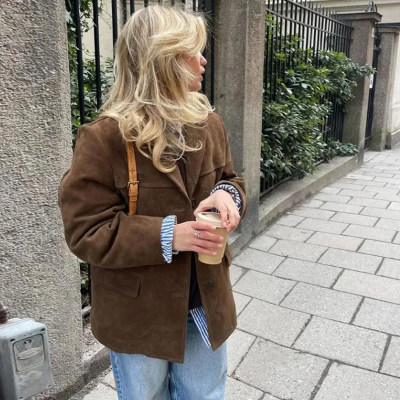 Retro brown jacket womens suede leather autumn fashion single chest lapel loose Coats Street Office 250319