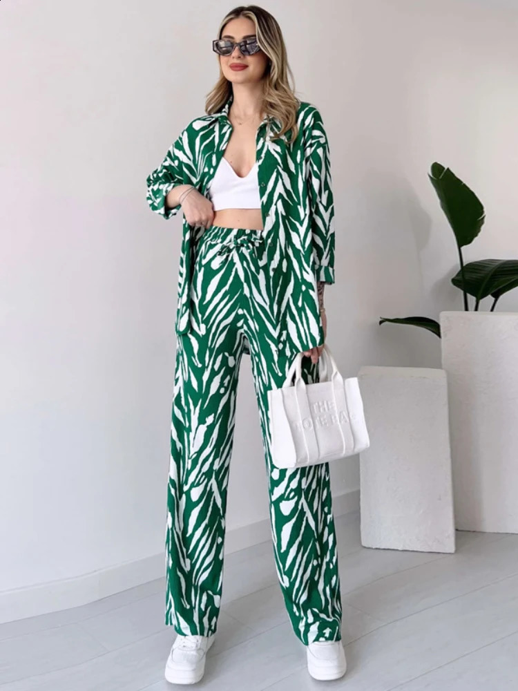 Womens 2piece Set Casual Daily Shirt Fashion Spring Summer Printed 2 Piece Outfit Wide Leg Pants Twopiece 250319