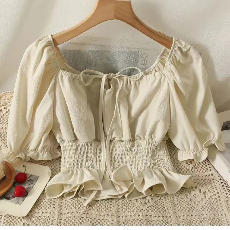 Womens French style shirt and ruffled single line collar short sleeved elastic waist for weight loss casual sweet elegant crop top 250319